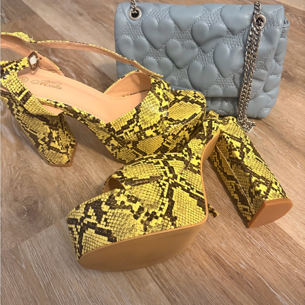 Yellow Snake Print Platform Heels